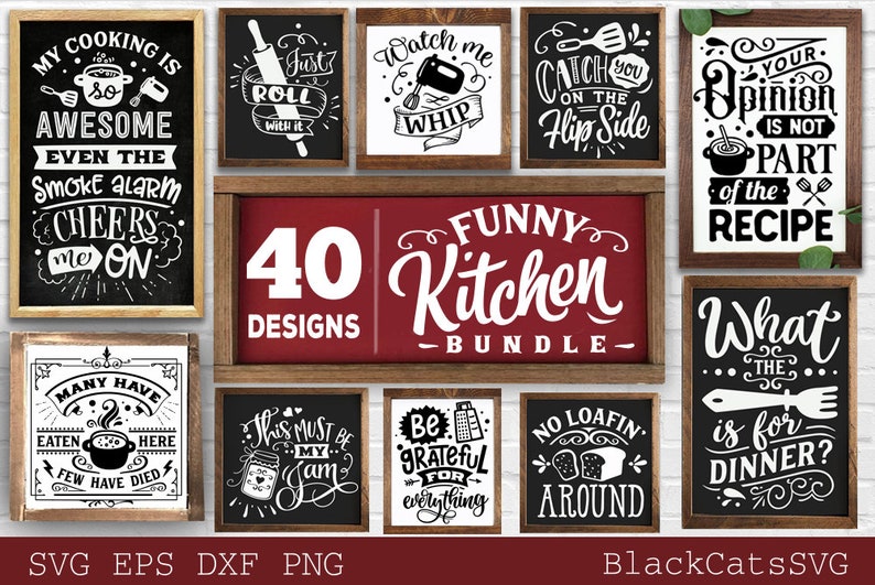 May include: A collection of framed kitchen signs with humorous quotes in white lettering on black and red backgrounds. The signs feature phrases like "My cooking is so awesome" and "Funny Kitchen Bundle".