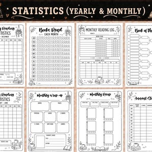 Pu&ograve; includere: Un set di otto pagine stampabili per il monitoraggio della lettura in bianco e nero con intestazioni Statistics (Yearly & Monthly). I fogli includono griglie per statistiche annuali, registri mensili, un torneo del libro dell'anno e riepiloghi.