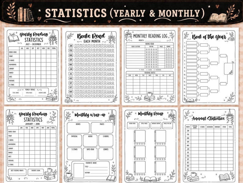 Pu&ograve; includere: Un set di otto pagine stampabili per il monitoraggio della lettura in bianco e nero con intestazioni Statistics (Yearly & Monthly). I fogli includono griglie per statistiche annuali, registri mensili, un torneo del libro dell'anno e riepiloghi.