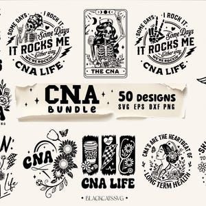 Puede incluir: Una colección de diseños en blanco y negro de CNA (Asistente de Enfermería Certificado). Los diseños incluyen varios gráficos, textos e ilustraciones, como un esqueleto, una enfermera y citas inspiradoras. El paquete incluye 50 diseños en formatos SVG, EPS, DXF y PNG.