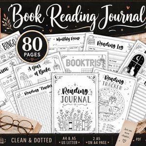 May include: A collection of printable book reading journal pages featuring black and white line art designs. The sheets include sections for book bingo, monthly recaps, reading logs, book reviews, reading trackers, and a bookshelf illustration.