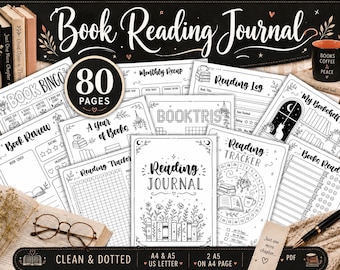 Reading Journal Printable Kit, Book Reading 80 Page Planner Bundle, A4 A5 Monthly Planner, Bullet Journal Reading Tracker, Reading Challenge