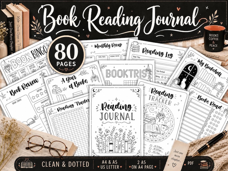 Pu&ograve; includere: Una raccolta di pagine stampabili per un diario di lettura con disegni a linee in bianco e nero. I fogli includono sezioni per il bingo dei libri, riepiloghi mensili, registri di lettura, recensioni di libri e tracker di lettura.