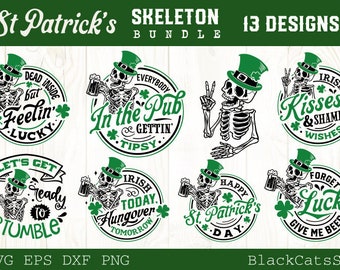Patrick's day skelett svg-paket, St Patrick's Day dödskallar svg, St Patrick's Day svg-paket