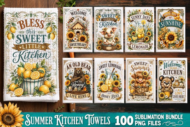 Summer Kitchen Towel Sublimation PNG Bundle – 100 Designs, Sunflower Kitchen towel Sublimation Bundle, Funny kitchen image 9