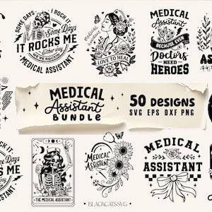 Puede incluir: Una colección de diseños en blanco y negro para asistentes médicos. Los diseños incluyen ilustraciones de mariposas, flores, estetoscopios y texto como "Some days it rocks me" y "Love to heal". El paquete incluye 50 diseños en formatos SVG, EPS, DXF y PNG.