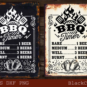 May include: A black and white vintage-style sign with the text "BBQ Timer" and a list of doneness levels for grilling meat, with corresponding beer counts. The sign has a distressed, rusty look.