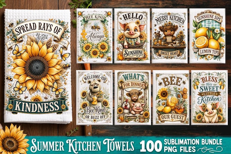 May include: A collection of kitchen towel designs featuring sunflowers, bees, pigs, and highland cows with text including SPREAD RAYS OF KINDNESS, BEE KIND, HELLO SUNSHINE, MESSY KITCHEN, SUNSHINE SIPS, WELCOME-ISH, WHAT'S FOR DINNER, BEE OUR GUEST, and BLESS THIS SWEET LITTLE KITCHEN.
