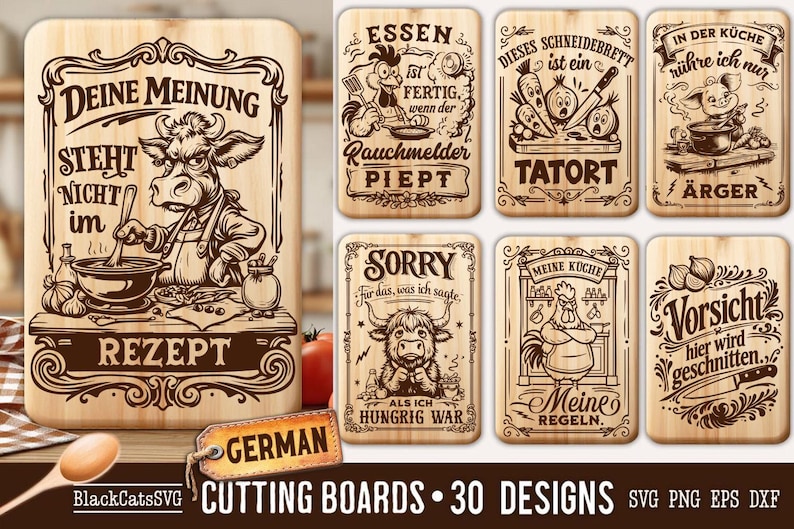 Puede incluir: Colecci&oacute;n de tablas de cortar de madera con varios dise&ntilde;os en alem&aacute;n. Las tablas presentan ilustraciones grabadas de animales, escenas de cocina y frases humor&iacute;sticas. La tabla principal tiene un chef vaca y el texto "Deine Meinung steht nicht im Rezept."