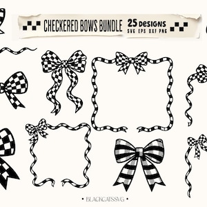 Checkered Bow Frames Bundle Svg, Coquette Checkered Bows SVG, Bow Svg Bundle, Wavy Borders Svg, Wedding Bow Frame image 3
