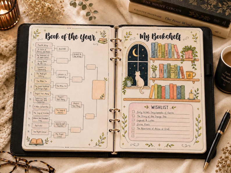 Pu&ograve; includere: Un'agenda ad anelli aperta che presenta un tabellone del torneo Book of the Year disegnato a mano sulla pagina sinistra e un'illustrazione My Bookshelf con una sezione Wishlist sulla destra, decorata con libri colorati, un gatto e piante.
