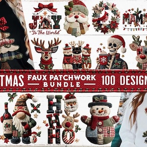 May include: A collection of Christmas-themed faux patchwork designs. The image features various festive elements, including Santa Claus, reindeer, Christmas trees, and the text "Christmas Faux Patchwork Bundle 100 Designs PNG". The designs are in red, green, and white.