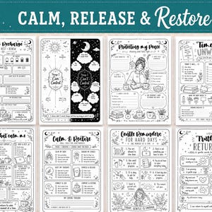 May include: A set of eight black and white printable mental health worksheets titled Calm, Release & Restore. Each page features hand-drawn illustrations, checklists, and prompts for self-care, mindfulness, and emotional regulation exercises.