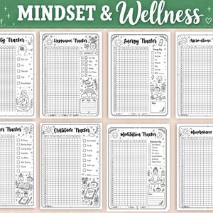 May include: A set of eight black and white printable tracker sheets titled Mindset & Wellness, featuring individual grids for tracking anxiety, happiness, energy, affirmations, prayer, gratitude, meditation, and mindfulness with various icons.