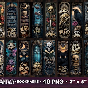 May include: A collection of dark fantasy bookmarks with gothic illustrations. Each bookmark features unique designs with skulls, cats, ravens, and floral elements. The bookmarks are 2 inches by 6 inches.