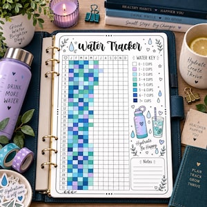 May include: A white paper water tracker insert for a binder featuring a grid with months and days, a color-coded water key, illustrations of a water bottle and a glass, and the text Water Tracker and Hydrate Be Happy with space for notes.