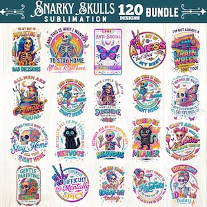K&ouml;nnte beinhalten: Eine Sammlung von 20 Sublimationsdesigns mit humorvollen Sch&auml;delillustrationen und Texten. Die Designs zeigen S&auml;tze wie 'Bad Decisions', 'Cremated Equal' und 'Train Wreck'. Die Designs verwenden lebendige Farben und eignen sich f&uuml;r Kleidung und Accessoires.