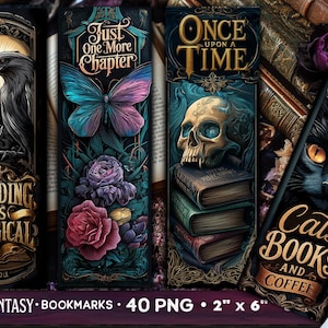 May include: Set of four dark fantasy bookmarks. Designs include a raven with a sun, a butterfly with flowers, a skull on books, and a black cat with a moon. Each bookmark is approximately 2 inches by 6 inches.