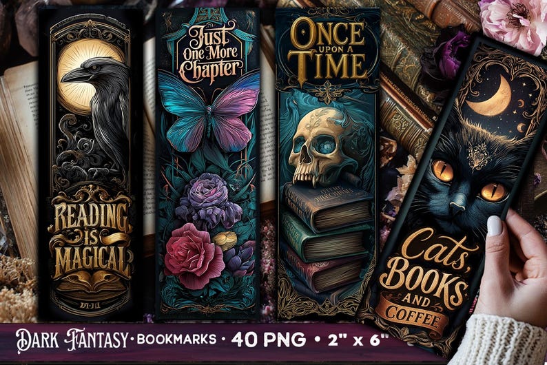 May include: Set of four dark fantasy bookmarks. Designs include a raven with a sun, a butterfly with flowers, a skull on books, and a black cat with a moon. Each bookmark is approximately 2 inches by 6 inches.