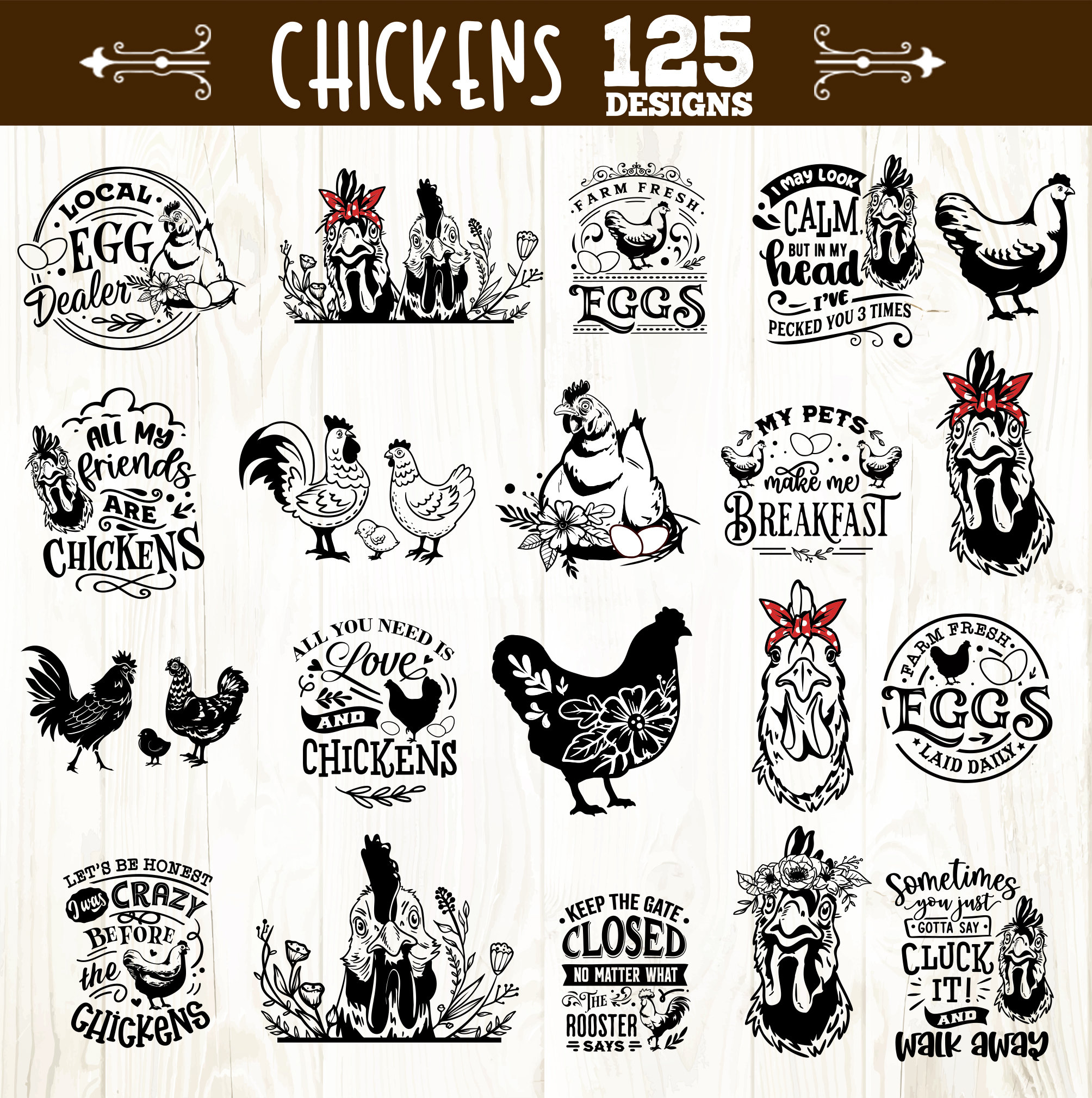 Vector Lettering Chicken Bundle Chicken Bundle Svg, Funny Chicken Bundle 125 Designs Svg, Crazy ...