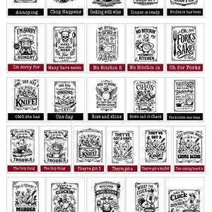 May include: A collection of 30 humorous cutting board designs. Each board features a black and white illustration with text, including phrases like "Chop Happens," "Dinner is Ready," and "OMG She Has a Knife!"