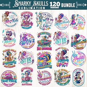 K&ouml;nnte beinhalten: Eine Sammlung von 20 farbenfrohen, kreisf&ouml;rmigen Sublimationsdesigns mit Cartoon-Skelett-Charakteren. Jedes Design enth&auml;lt humorvolle Phrasen wie "Mentally Buffering" und "My Whole Vibe is On Do Not Disturb". Geeignet f&uuml;r verschiedene Anwendungen.