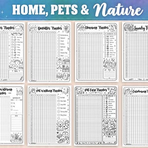 May include: A set of eight black and white printable trackers titled Home, Pets & Nature. Each page features a grid for dates and months, including Weather, Declutter, Cleaning, Laundry, Plant Watering, Pet Walking, Pet Care, and Gardening trackers.