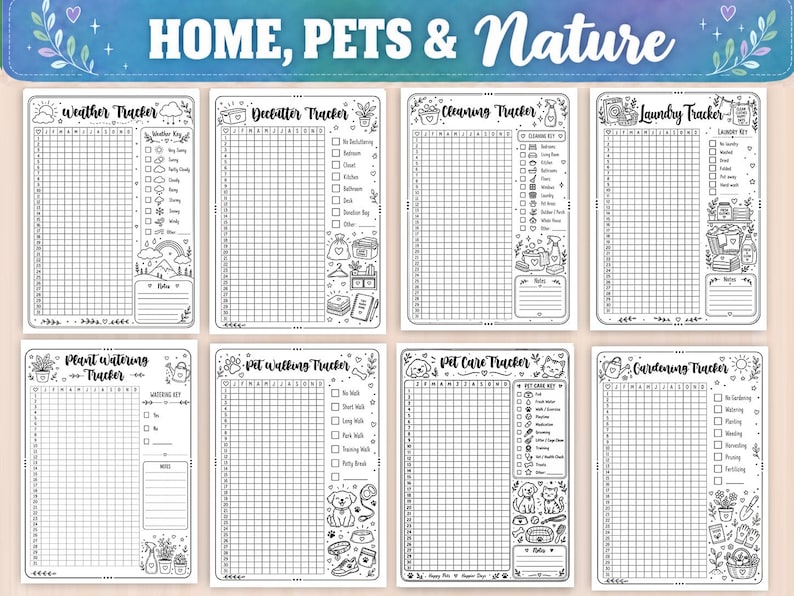 May include: A set of eight black and white printable trackers titled Home, Pets & Nature. Each page features a grid for dates and months, including Weather, Declutter, Cleaning, Laundry, Plant Watering, Pet Walking, Pet Care, and Gardening trackers.