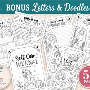 May include: A collection of black and white printable journal pages featuring titles like Letter to my Future Self, Letter to my Younger Self, Self Care Journal, and I Love Myself, decorated with line art illustrations of people, stars, and plants.
