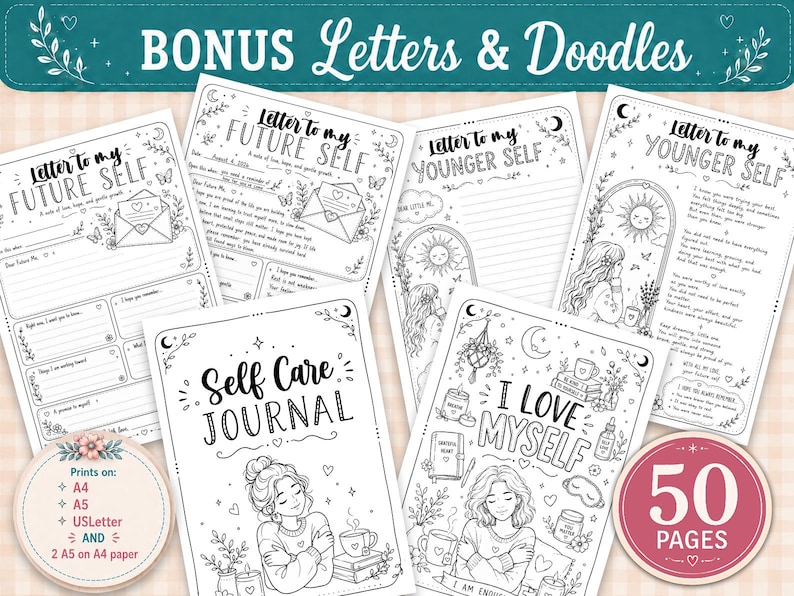 May include: A collection of black and white printable journal pages featuring titles like Letter to my Future Self, Letter to my Younger Self, Self Care Journal, and I Love Myself, decorated with line art illustrations of people, stars, and plants.
