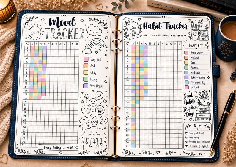 May include: An open ring-bound planner featuring a Mood Tracker on the left page and a Habit Tracker on the right. Both pages include grids with pastel-colored squares, black ink illustrations of clouds, rainbows, and faces, and text labels.