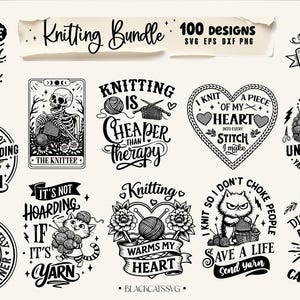 May include: A collection of black and white knitting-themed designs. The designs include text like "Knitting is cheaper than therapy" and "I'll be in my office". Other designs feature cats, yarn balls, and knitting needles.