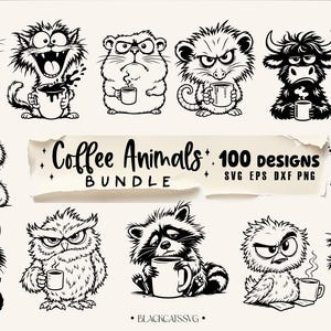 Könnte beinhalten: Eine Sammlung von 100 schwarz-weißen digitalen Illustrationen verschiedener Tiere, die Kaffeetassen halten, mit dem Text Coffee Animals BUNDLE 100 designs SVG EPS DXF PNG und BLACKCATSSVG auf hellem Hintergrund.