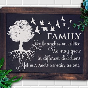 Könnte beinhalten: Eine schwarze Tafel mit einer weißen Silhouette eines Baumes mit Wurzeln und Vögeln, die darüber fliegen. Der Text lautet "FAMILY Like branches on a tree We may grow in different directions Yet our roots remain as one."