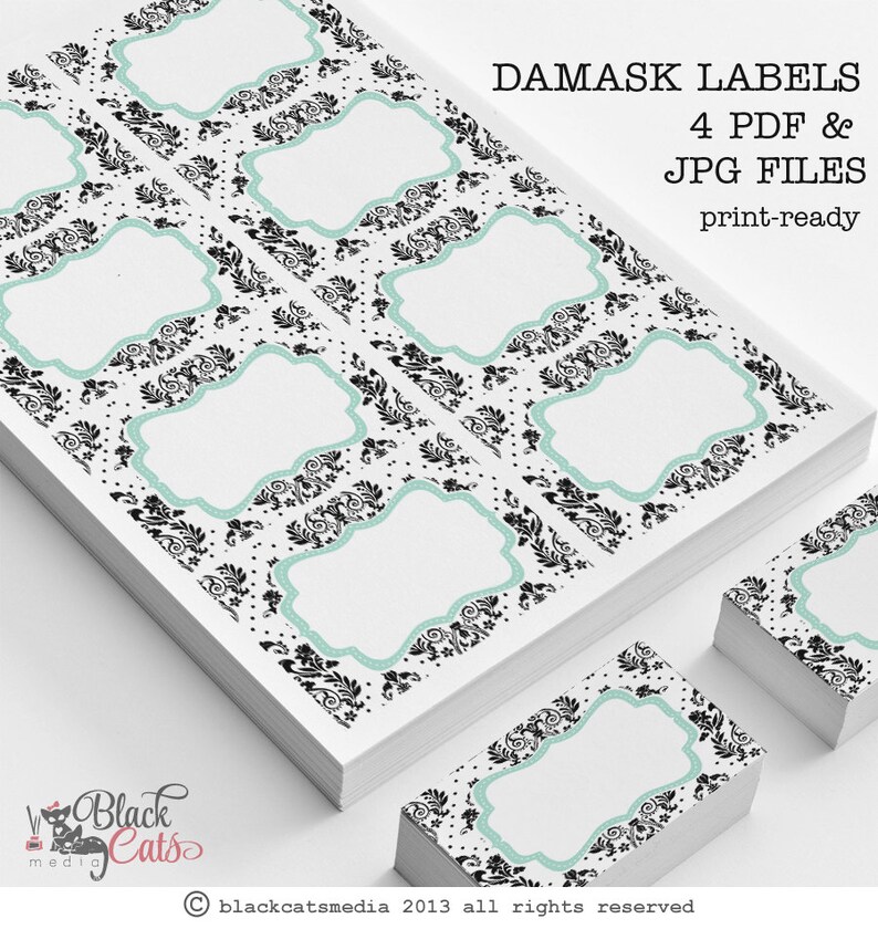 Damask printable labels digital labels black and white | Etsy