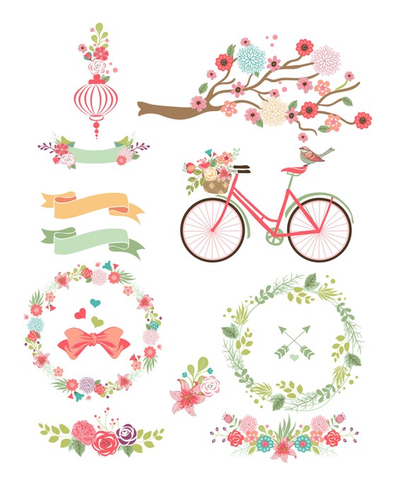 Bunte Blumen Fahrrad Rahmen Und Zweigen Digital Clipart Banner Etsy