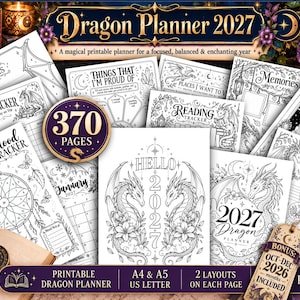Peut inclure: Un agenda imprimable Dragon Planner 2027 composé de pages en noir et blanc avec des illustrations de dragons, des motifs floraux et des symboles célestes. Il comprend des suivis pour l'humeur, les factures, la lecture et les souvenirs, avec des textes comme Notes, Things That I'm Proud Of et Hello 2027.