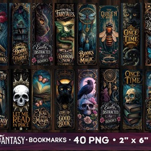 May include: A collection of dark fantasy bookmarks with gothic illustrations. Each bookmark features unique designs with skulls, ravens, cats, butterflies, and text. The bookmarks are 2 inches by 6 inches.