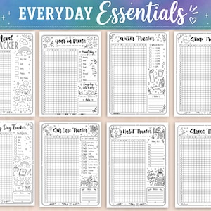 May include: A set of eight black and white printable planner pages titled Everyday Essentials, featuring trackers for mood, year in pixels, water, sleep, daily ratings, self-care, habits, and stress, each with grid layouts and decorative icons.
