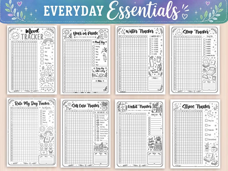 May include: A set of eight black and white printable planner pages titled Everyday Essentials, featuring trackers for mood, year in pixels, water, sleep, daily ratings, self-care, habits, and stress, each with grid layouts and decorative icons.