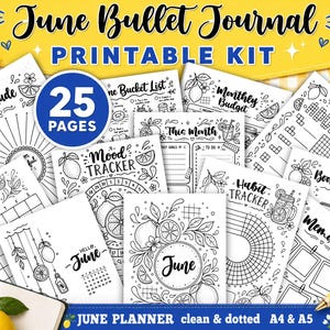 Pode incluir: Um conjunto de páginas de diário de balas imprimíveis com ilustrações de limões. As páginas incluem rastreadores de gratidão, humor e hábitos. O kit inclui 25 páginas e é intitulado "June Bullet Journal Printable Kit."