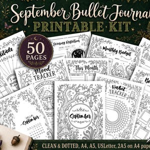Può includere: Un kit di bullet journal stampabile da 50 pagine con disegni a linee in bianco e nero. Le pagine includono intestazioni come September, Mood Tracker, Habit Tracker e Monthly Budget, decorate con illustrazioni di foreste, funghi e gufi.