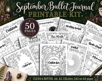 Enchanted Forest September Bullet Journal Printable Kit, Magic Tree 50 Page Planner Bundle, A4 A5 USLetter Monthly Planner, Mood Tracker