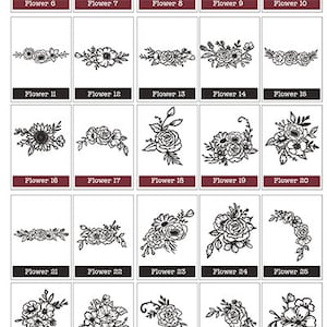 May include: A set of 40 black and white floral illustrations. Each illustration is a different design of a flower or floral arrangement. The illustrations are labeled with numbers 1 through 40.