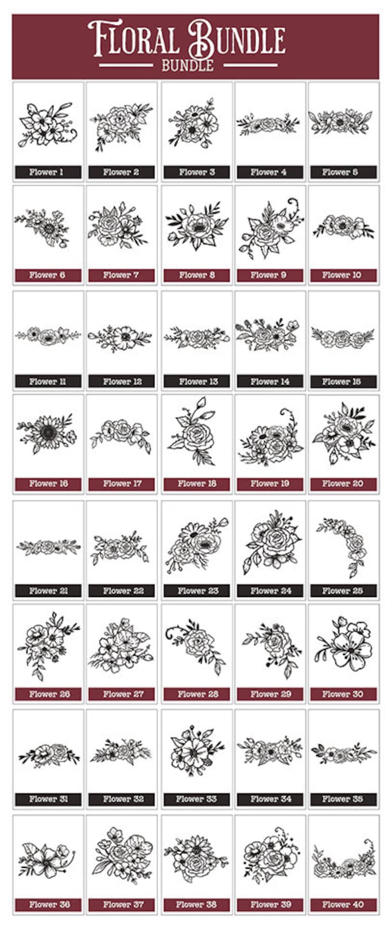 May include: A set of 40 black and white floral illustrations. Each illustration is a different design of a flower or floral arrangement. The illustrations are labeled with numbers 1 through 40.