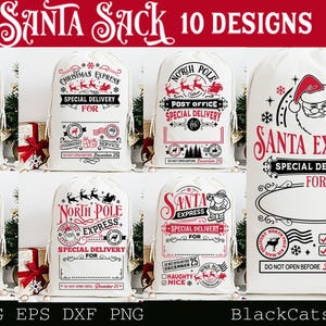 May include: A collection of ten white Santa sacks with various designs. Each sack features festive text in red and black, including phrases like "Santa Express" and "North Pole Post Office." The sacks are decorated with reindeer, snowflakes, and Santa Claus illustrations.
