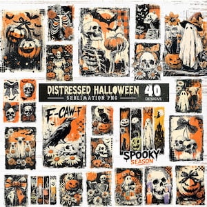 Könnte beinhalten: Eine Sammlung von 40 Distressed Halloween Sublimations-PNG-Designs. Die Bilder zeigen Kürbisse, Skelette, Geister, Fledermäuse und Raben in Orange, Schwarz und Weiß. Der Text "Distressed Halloween" und "Spooky Season" ist ebenfalls sichtbar.