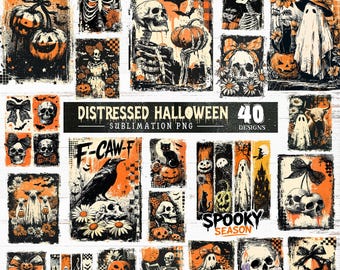 Halloween distressed grunge sublimation bundle 40 designs PNG, Spooky Halloween sublimation  PNG, Skulls pumpkins PNG, Cottagecore png