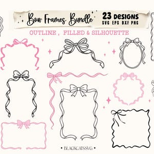 Pacchetto cornici fiocco SVG, fiocchi Coquette SVG, pacchetto fiocco SVG, bordi ondulati SVG, cornice fiocco matrimonio, cornici disegnate a mano, fiocco nastro SVG