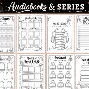 Pu&ograve; includere: Una raccolta di otto pagine di agenda stampabili in bianco e nero per tracciare letture e audiolibri. I fogli presentano intestazioni come Audiobooks & Series, Book Series Tracker, D.N.F. Graveyard e This Month's TBR con illustrazioni di libri, cuffie e strisce di pellicola.
